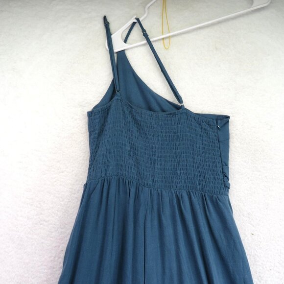 ANRABESS Romper Womens Small Blue One Shoulder Linen Blend Smocked Pleated New - Picture 4 of 11